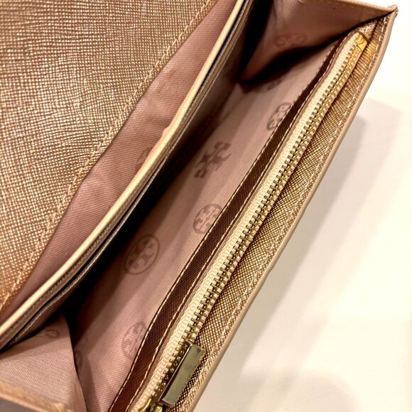 Tory Burch Metallic‎ Silver & Rose Gold Leather Fold Over Large Wallet - Picture 4 of 8